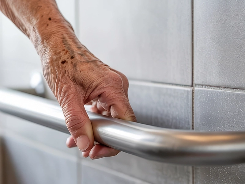 hand on metal grab bar